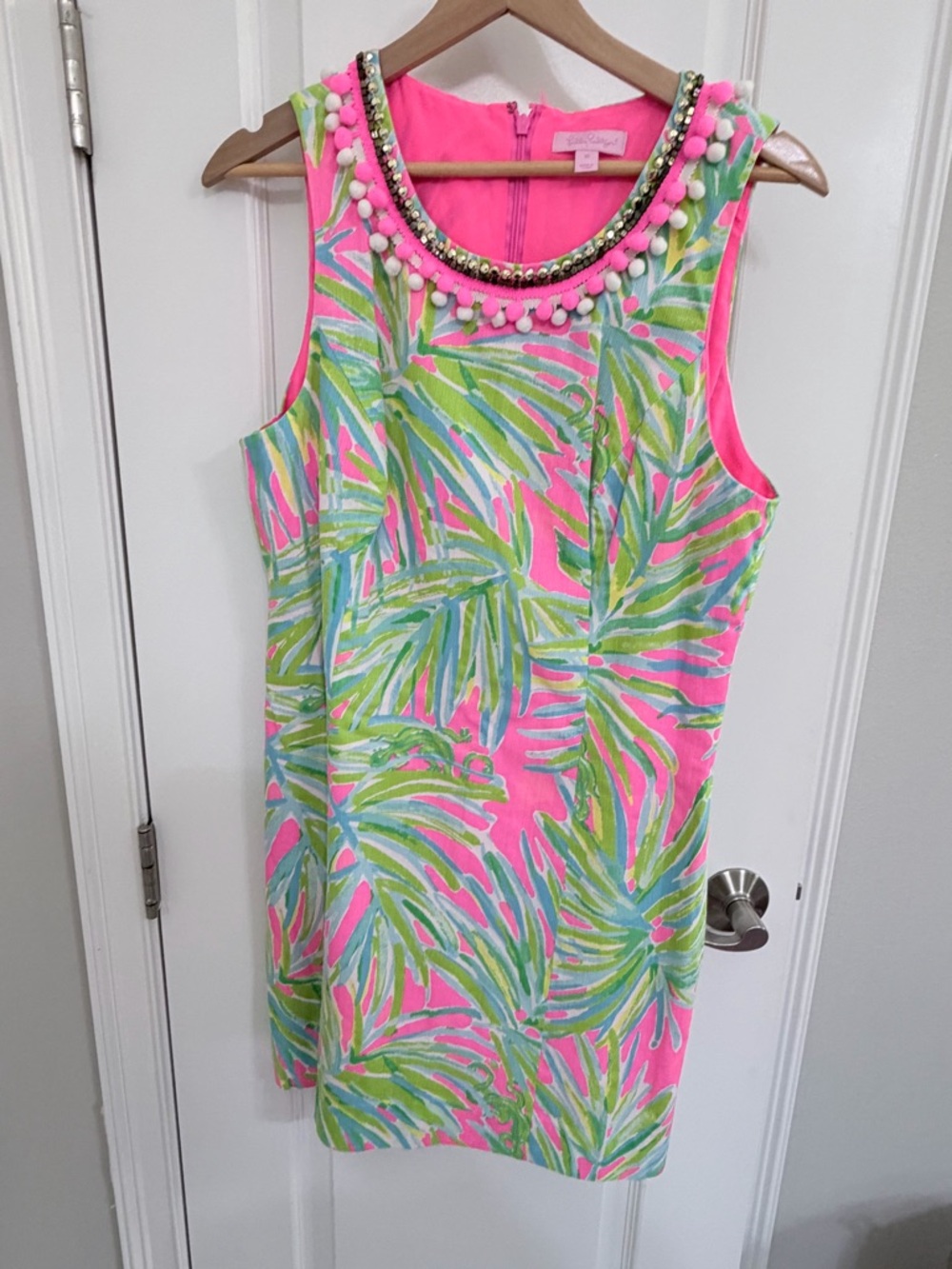 Beaded Tropical Shift Dress in Hot Pink & Lime